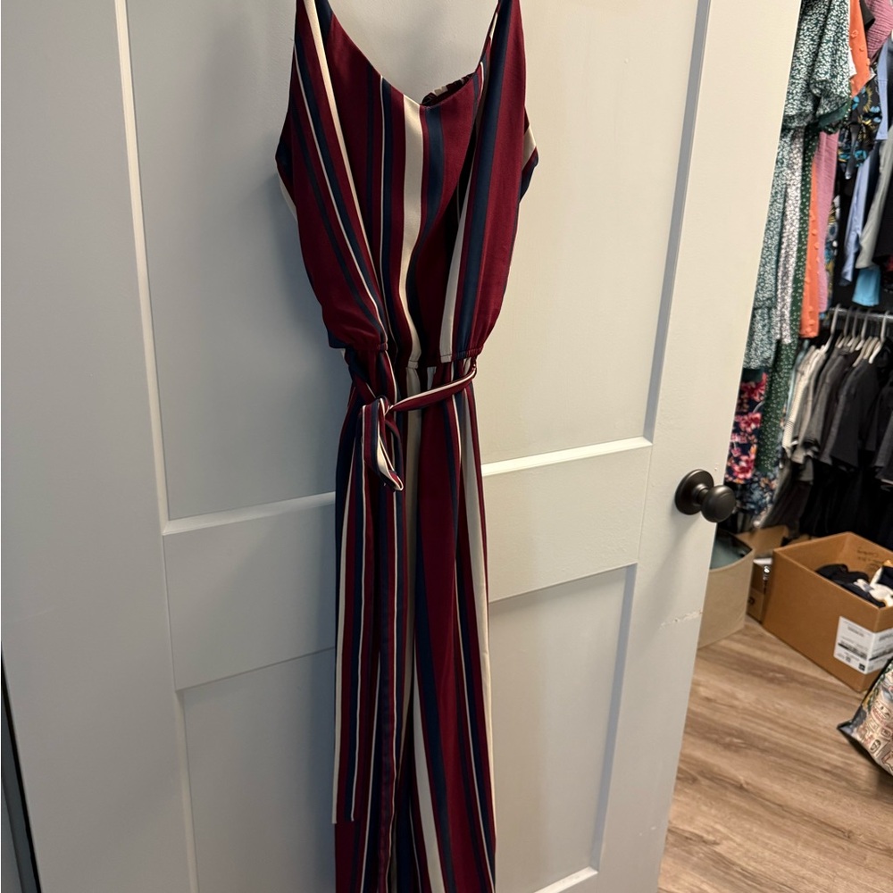 As U Wish Burgundy and Navy Striped Jumpsuit